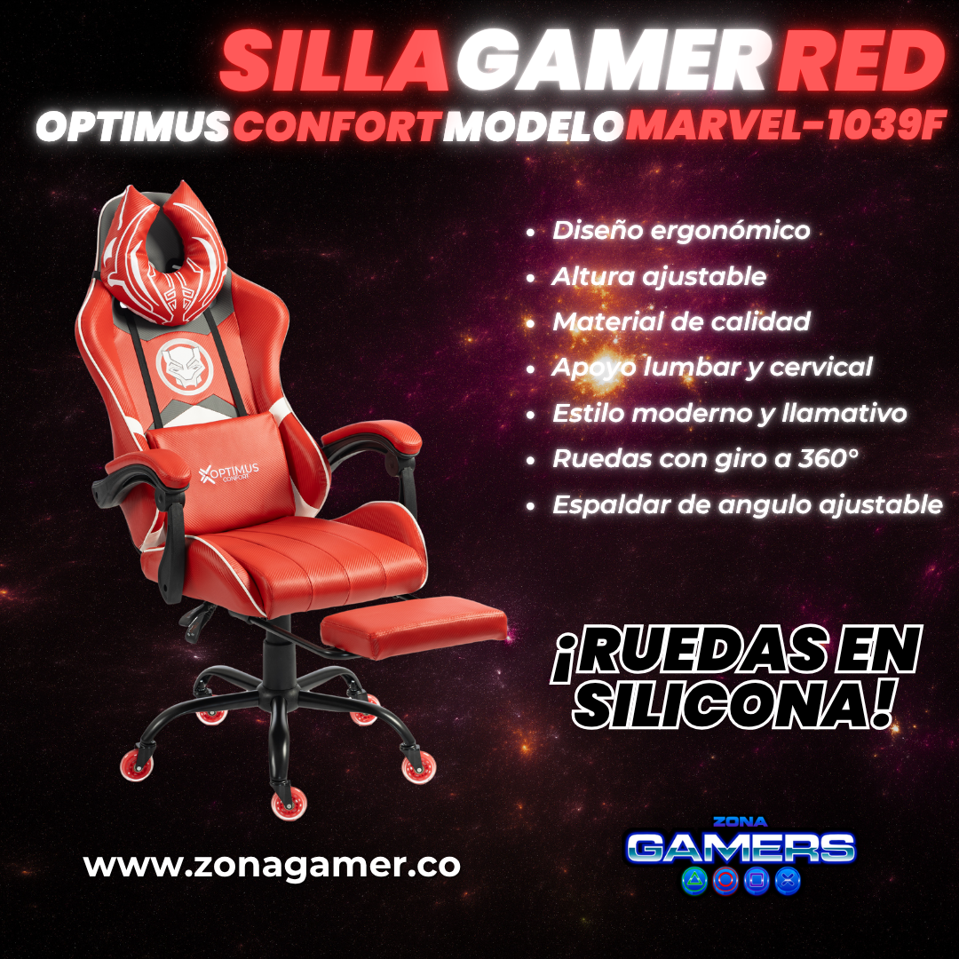 Silla Gamer Marvel-1039F Red con reposapiés y ruedas en silicona.