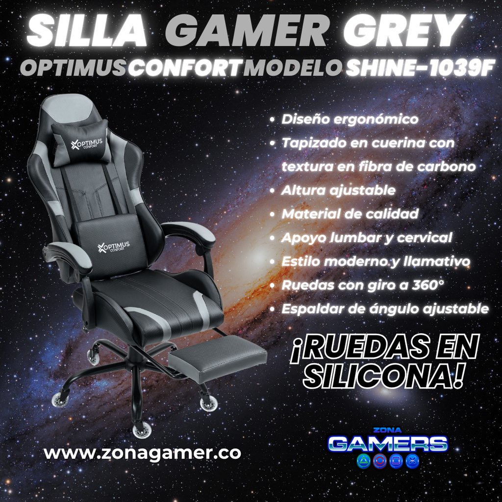 Silla Gamer Shine-1039F Grey con reposapiés y ruedas en silicona