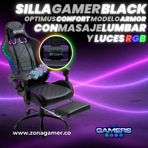 Silla Gamer Optimus confort Armor RGB Black con masajeador lumbar y reposapiés incluido