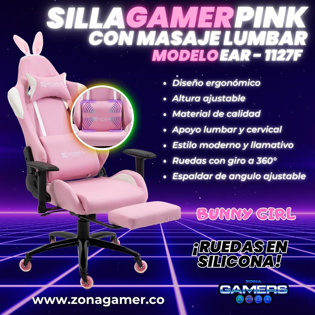 Silla Gamer EAR-1127F + masajeador lumbar con reposapiés incluido y ruedas en silicona
