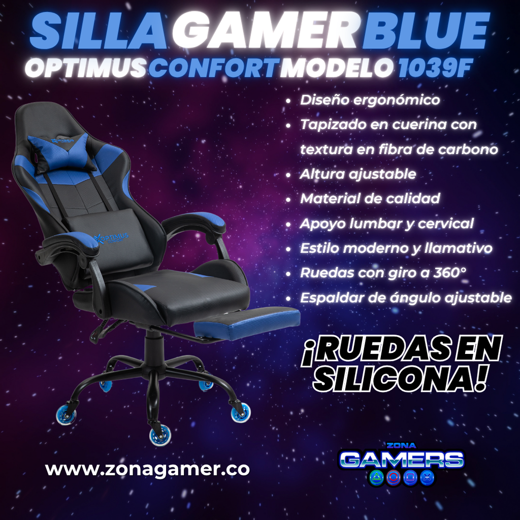 Silla Gamer 1039F Blue con reposapiés y ruedas en silicona