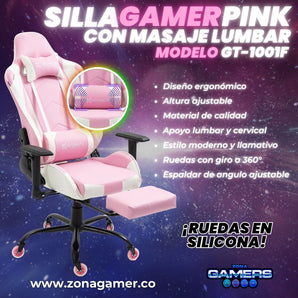 Silla Gamer GT-1001F Pink + masajeador lumbar con reposapiés incluido y ruedas en silicona