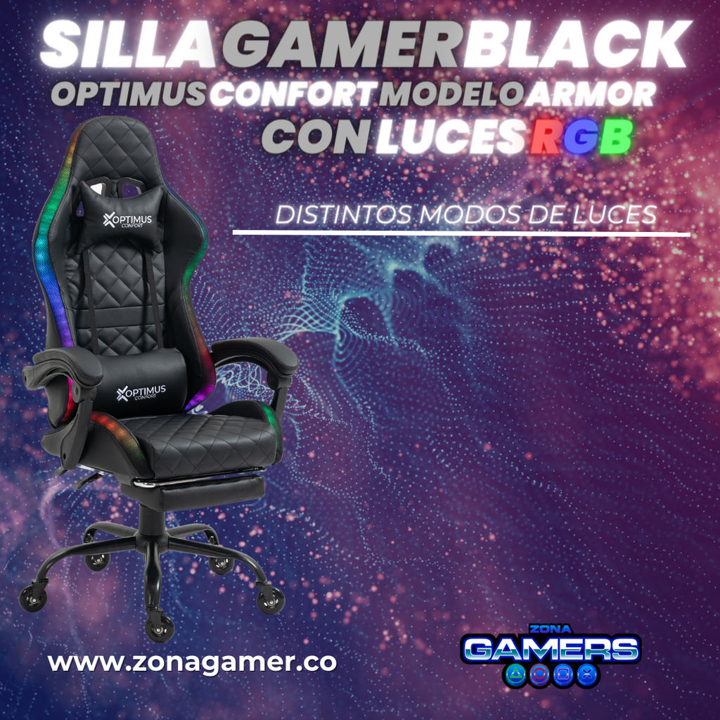 Silla gamer Armor Black con luces RGB + reposapiés y ruedas en silicona