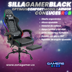Silla gamer Armor Black con luces RGB + reposapiés y ruedas en silicona