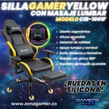Silla Gamer CIR-1001F Yellow + masajeador lumbar con reposapiés y ruedas en silicona