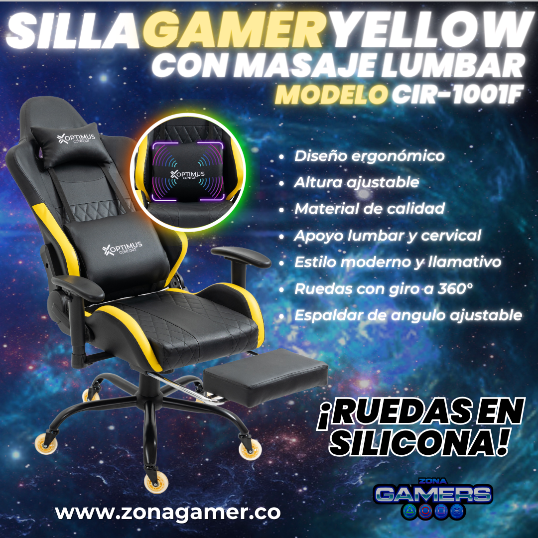 Silla Gamer CIR-1001F Yellow + masajeador lumbar con reposapiés y ruedas en silicona