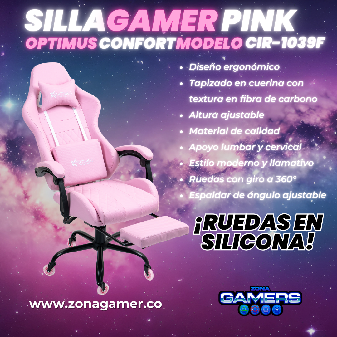 Silla Gamer CIR-1039F Pink con reposapiés y ruedas en silicona