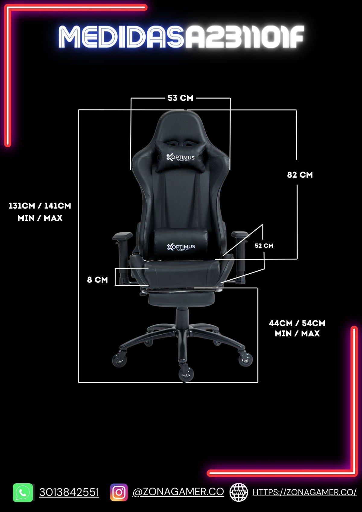 Silla gamer A231101F Black + reposapiés y ruedas en silicona