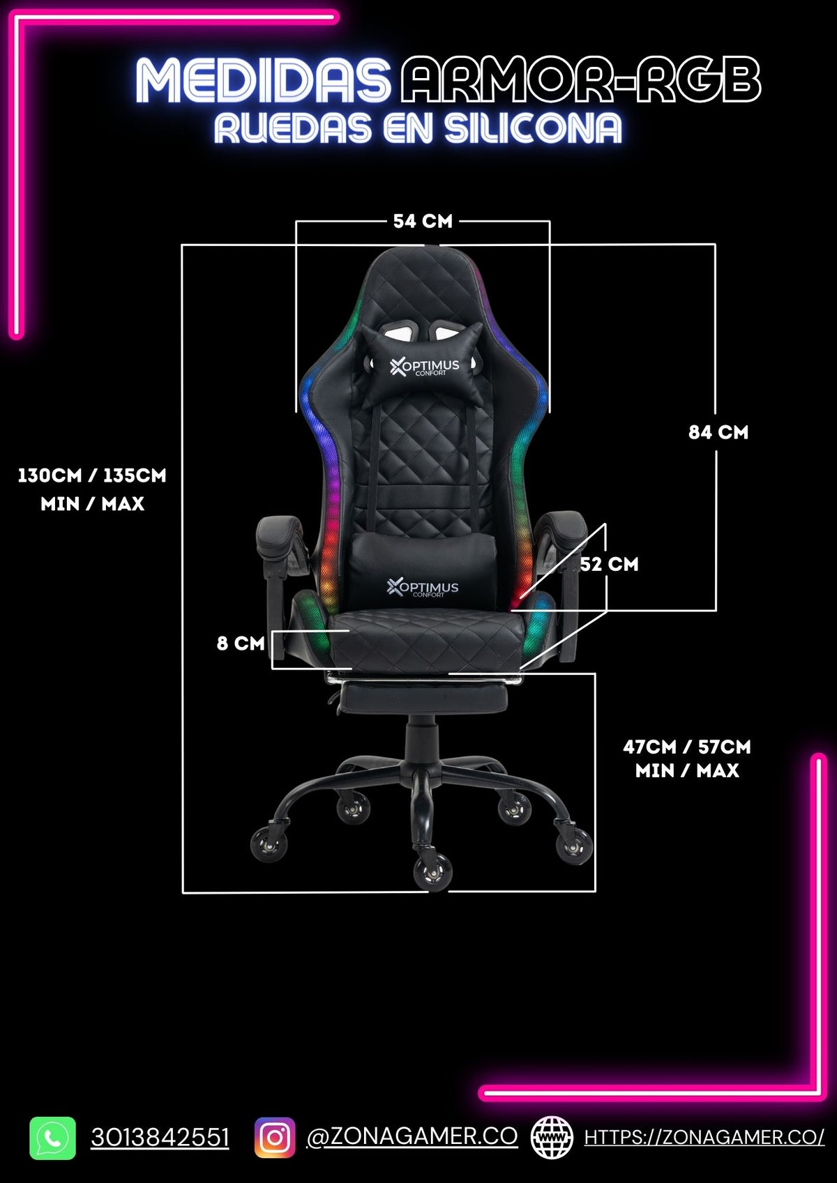 Silla gamer Armor Black con luces RGB + reposapiés y ruedas en silicona