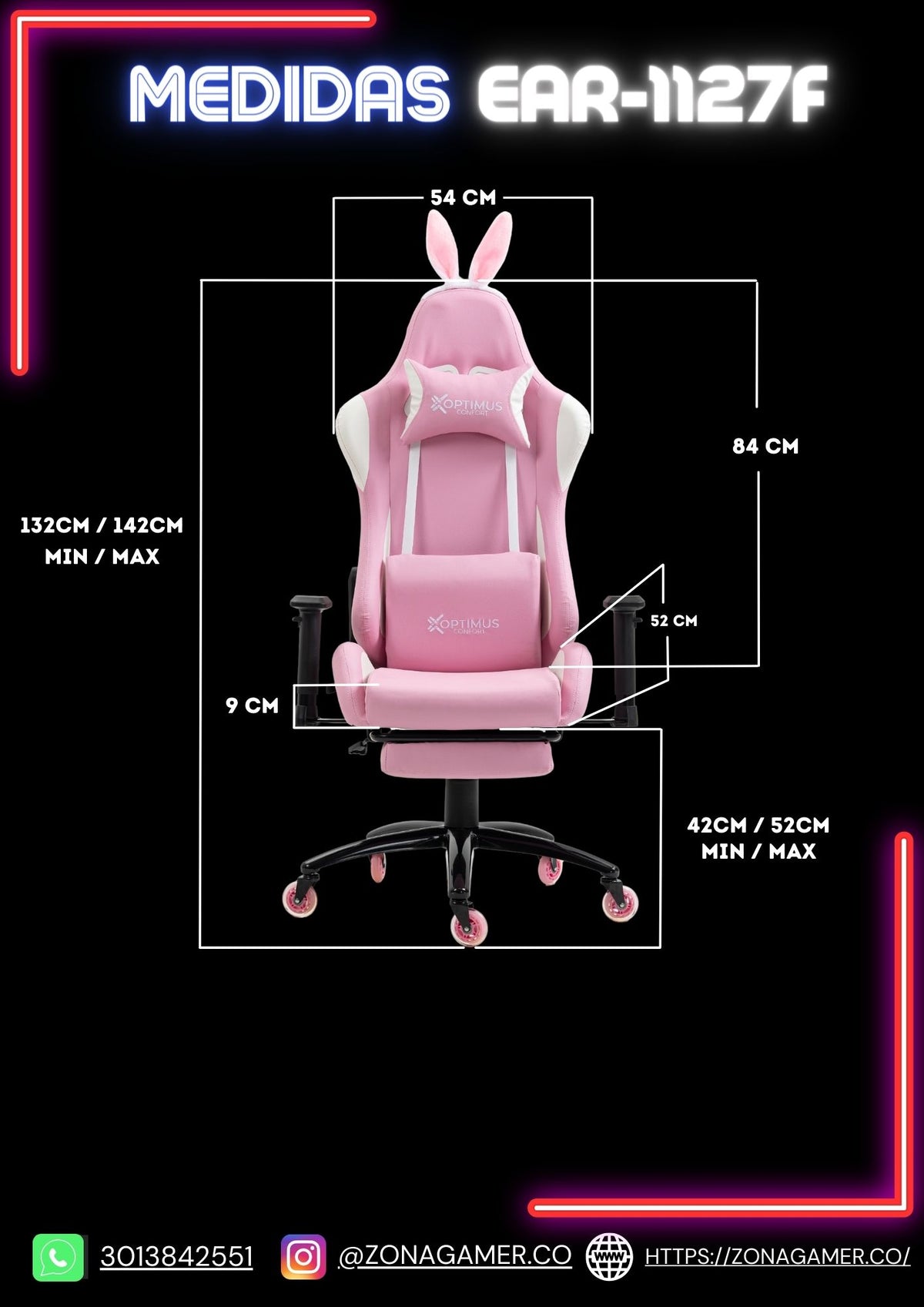Silla Gamer EAR-1127F + masajeador lumbar con reposapiés incluido y ruedas en silicona