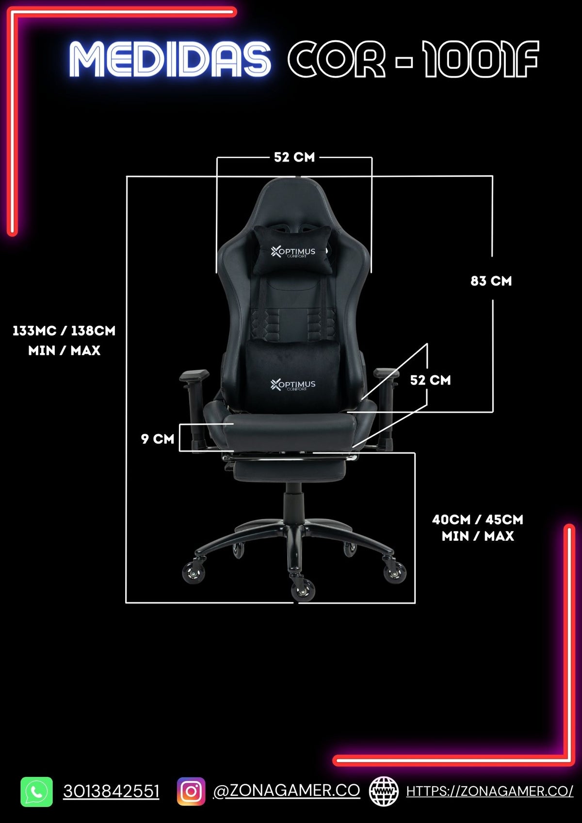 Silla Gamer COR-1001F Black con masajeador lumbar y reposapiés incluido