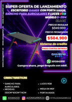 Escritorio Gamer D-2104 Black con luces RGB, portavasos y ganchos para auriculares