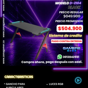 Escritorio Gamer D-2104 Black con luces RGB, portavasos y ganchos para auriculares