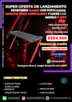 Escritorio Gamer D-2104 Red con luces RGB, portavasos y ganchos para auriculares