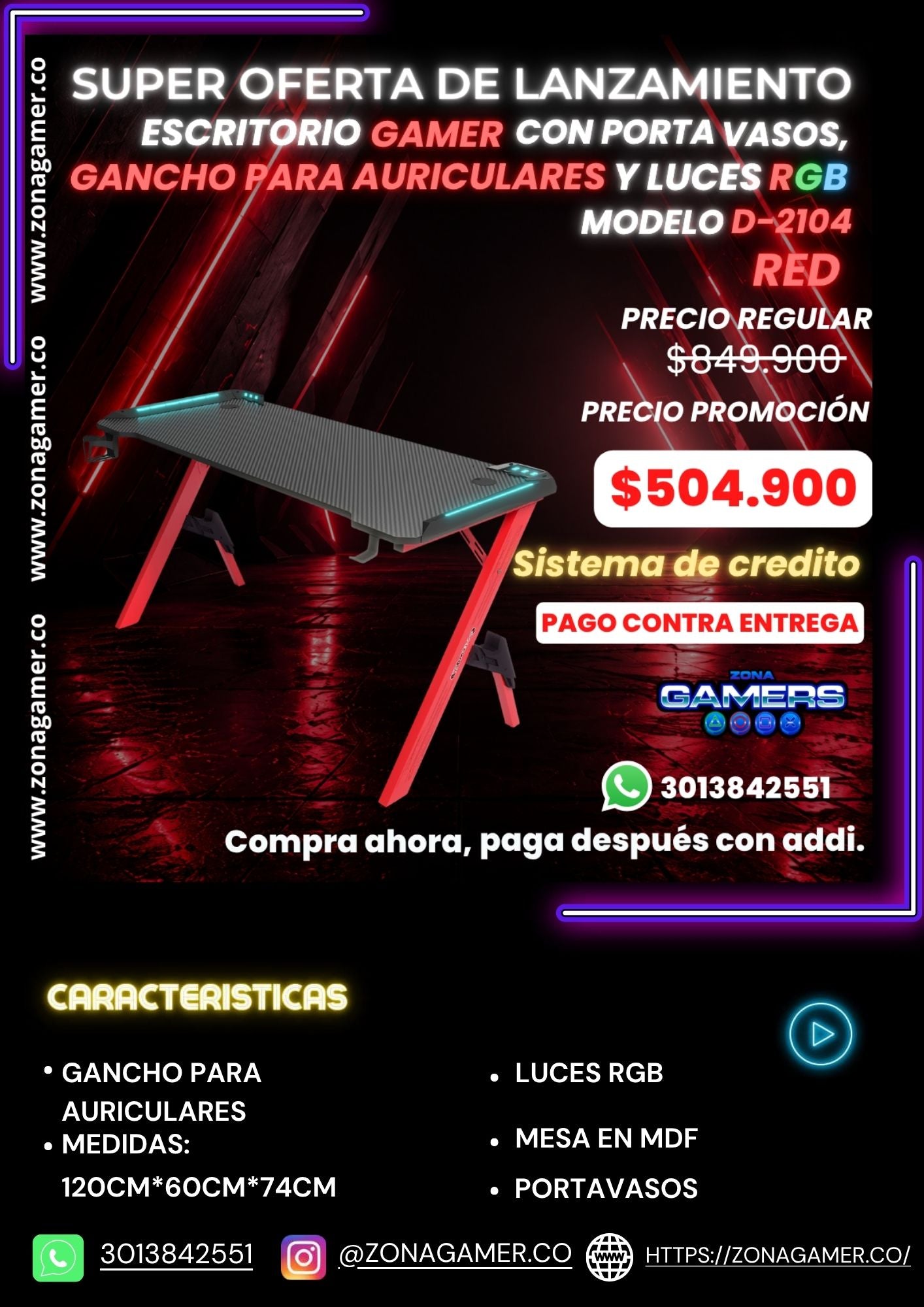 Escritorio Gamer D-2104 Red con luces RGB, portavasos y ganchos para auriculares