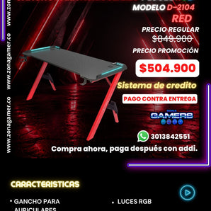 Escritorio Gamer D-2104 Red con luces RGB, portavasos y ganchos para auriculares