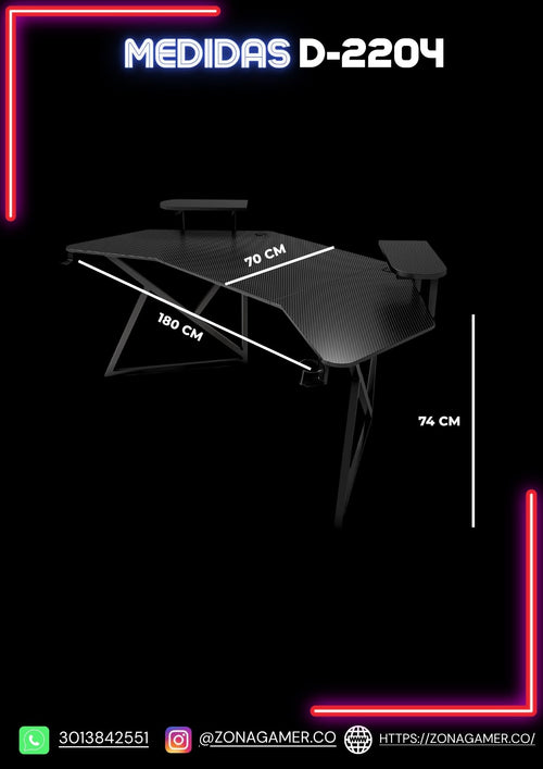 Escritorio Gamer D-2204 Black, con plataformas, portavasos y ganchos para auriculares
