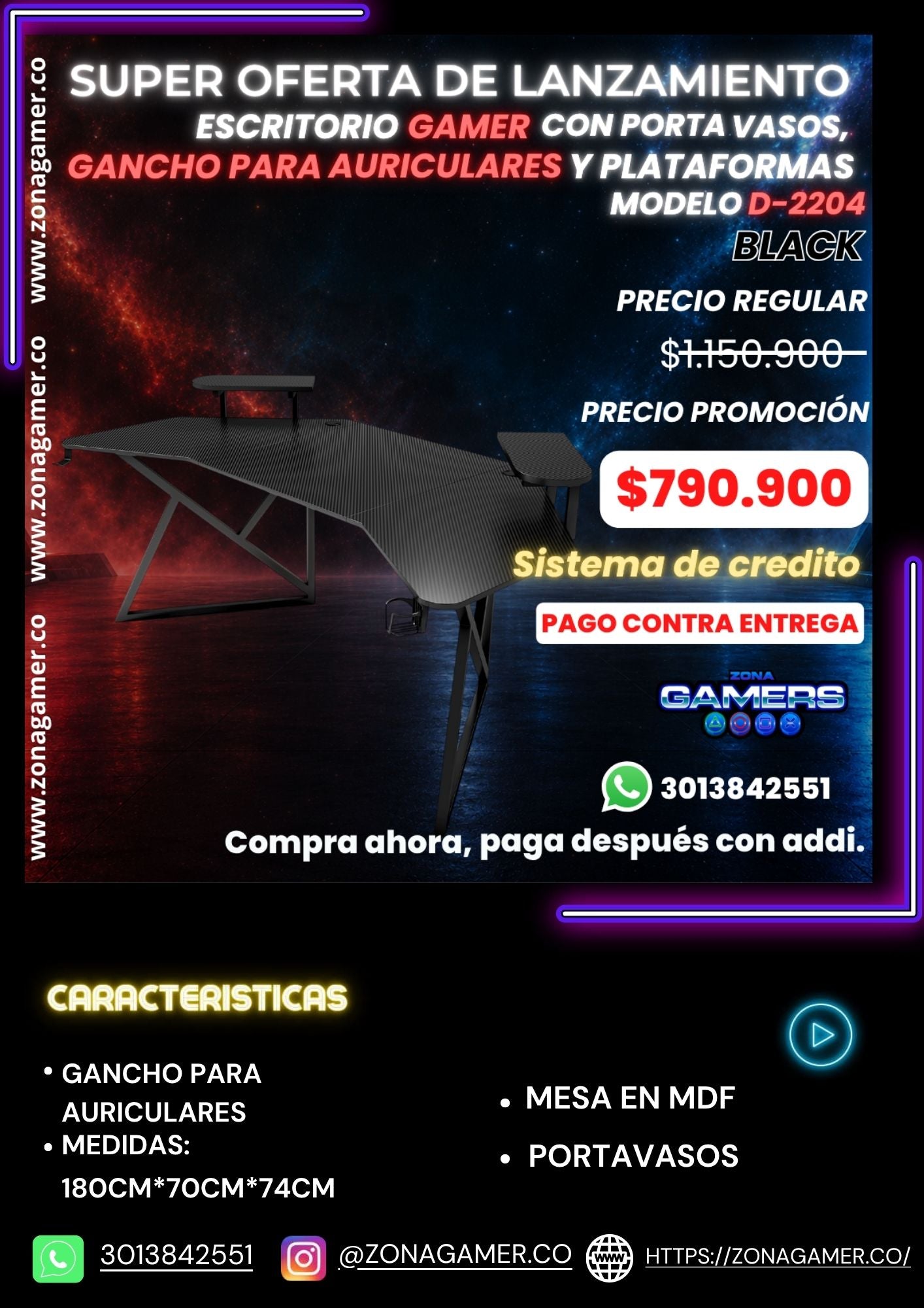 Escritorio Gamer D-2204 Black, con plataformas, portavasos y ganchos para auriculares