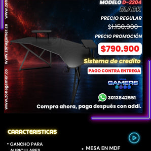 Escritorio Gamer D-2204 Black con luces RGB, con plataformas, portavasos y ganchos para auriculares