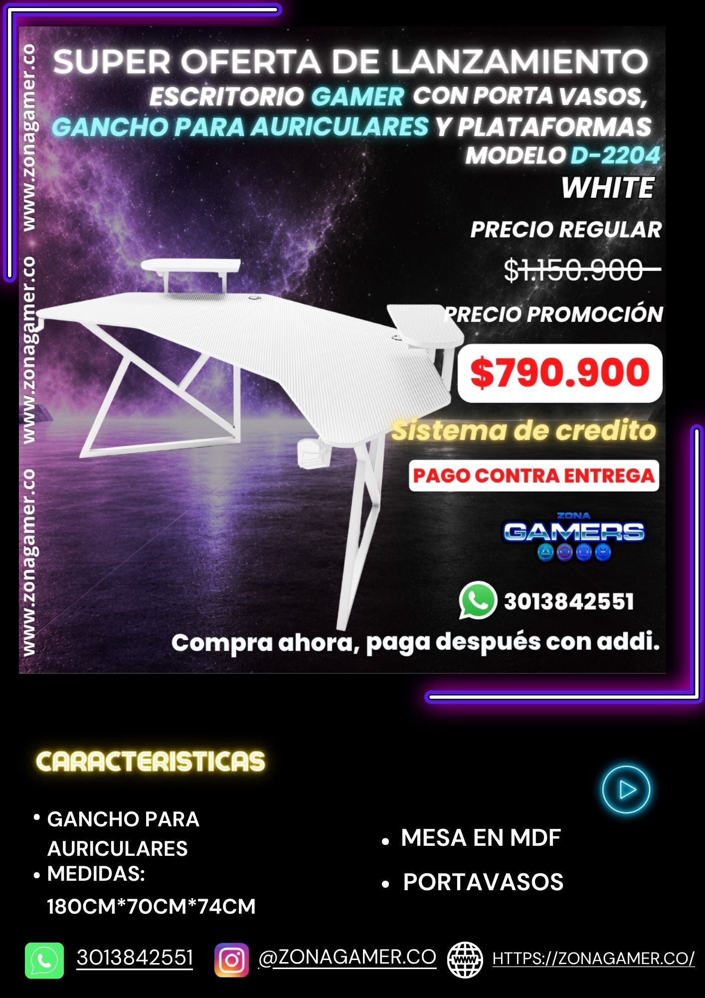 Escritorio Gamer D-2204 White, con plataformas, portavasos y ganchos para auriculares