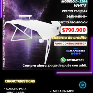 Escritorio Gamer D-2204 White con luces RGB, con plataformas, portavasos y ganchos para auriculares