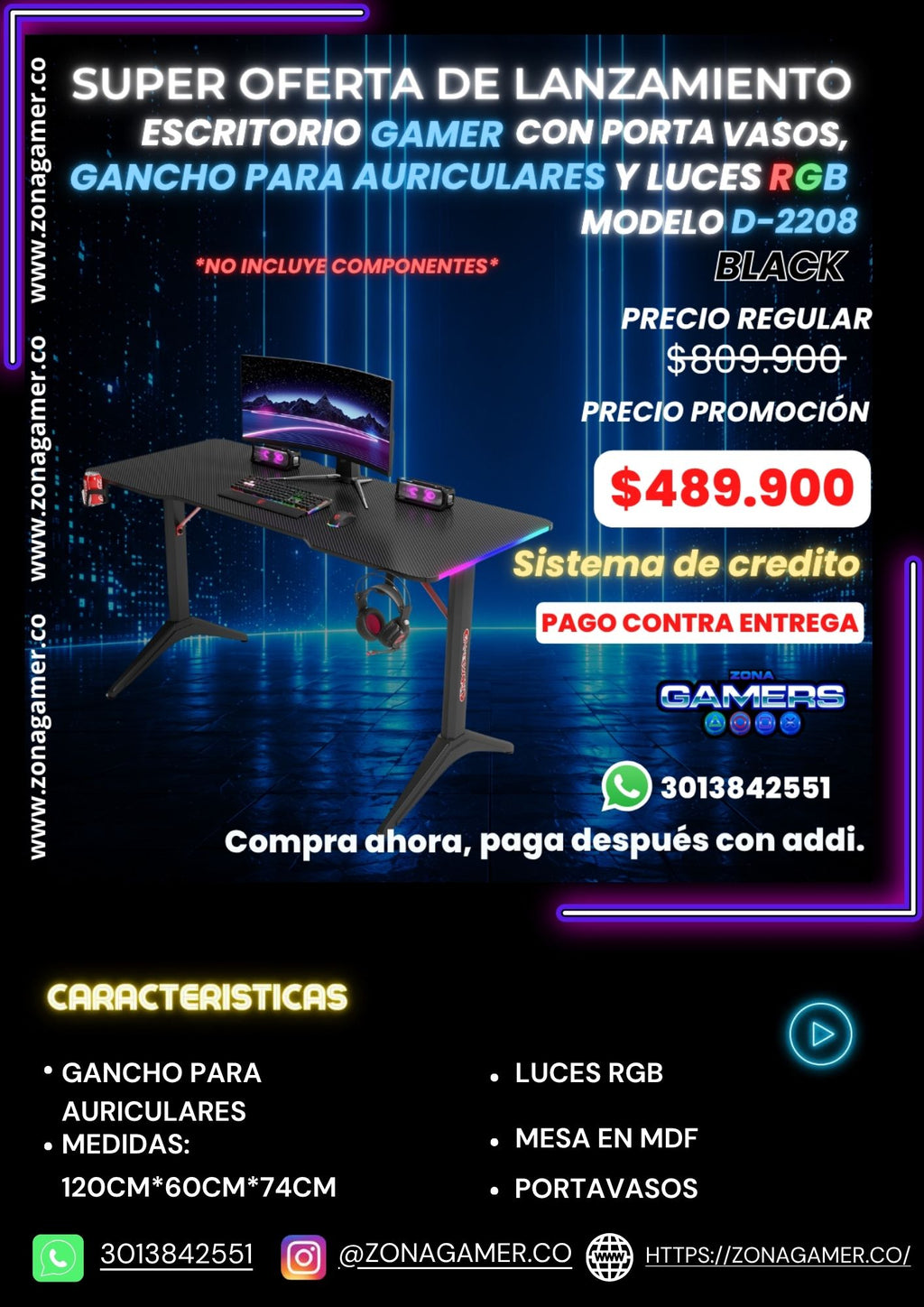 Escritorio Gamer D-2208 Black con luces RGB, portavasos y ganchos para auriculares