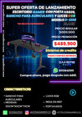 Escritorio Gamer D-2208 Black con luces RGB, portavasos y ganchos para auriculares