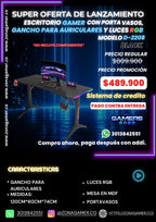 Escritorio Gamer D-2208 Black con luces RGB, portavasos y ganchos para auriculares