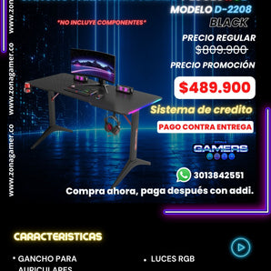 Escritorio Gamer D-2208 Black con luces RGB, portavasos y ganchos para auriculares