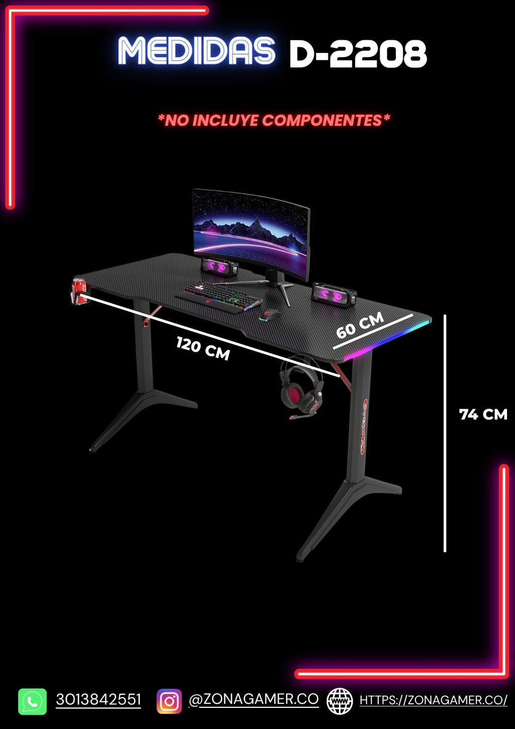 Escritorio Gamer D-2208 Pink con luces RGB, portavasos y ganchos para auriculares