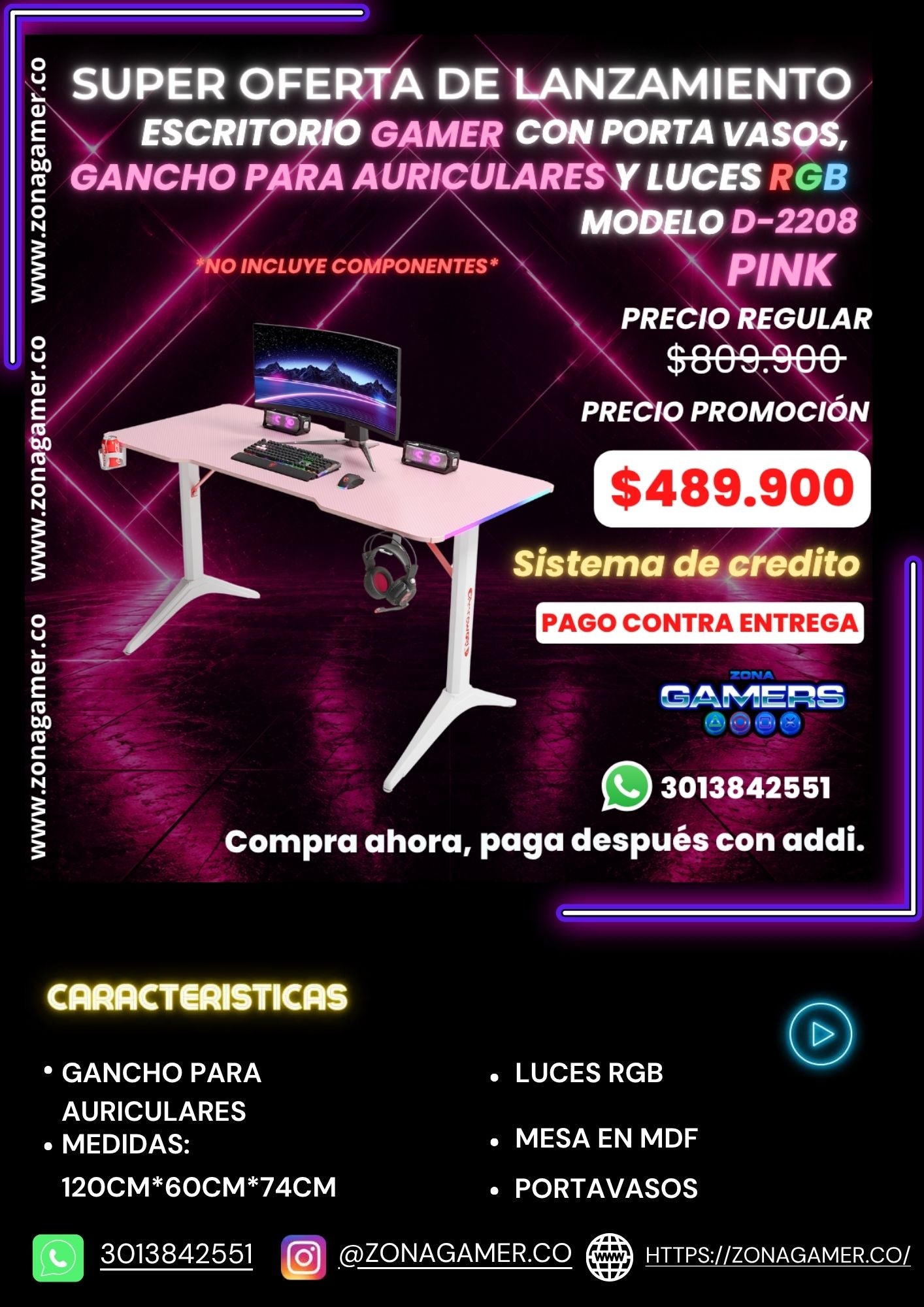 Escritorio Gamer D-2208 Pink con luces RGB, portavasos y ganchos para auriculares