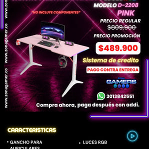Escritorio Gamer D-2208 Pink con luces RGB, portavasos y ganchos para auriculares