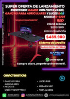 Escritorio Gamer D-2208 Red con luces RGB, portavasos y ganchos para auriculares