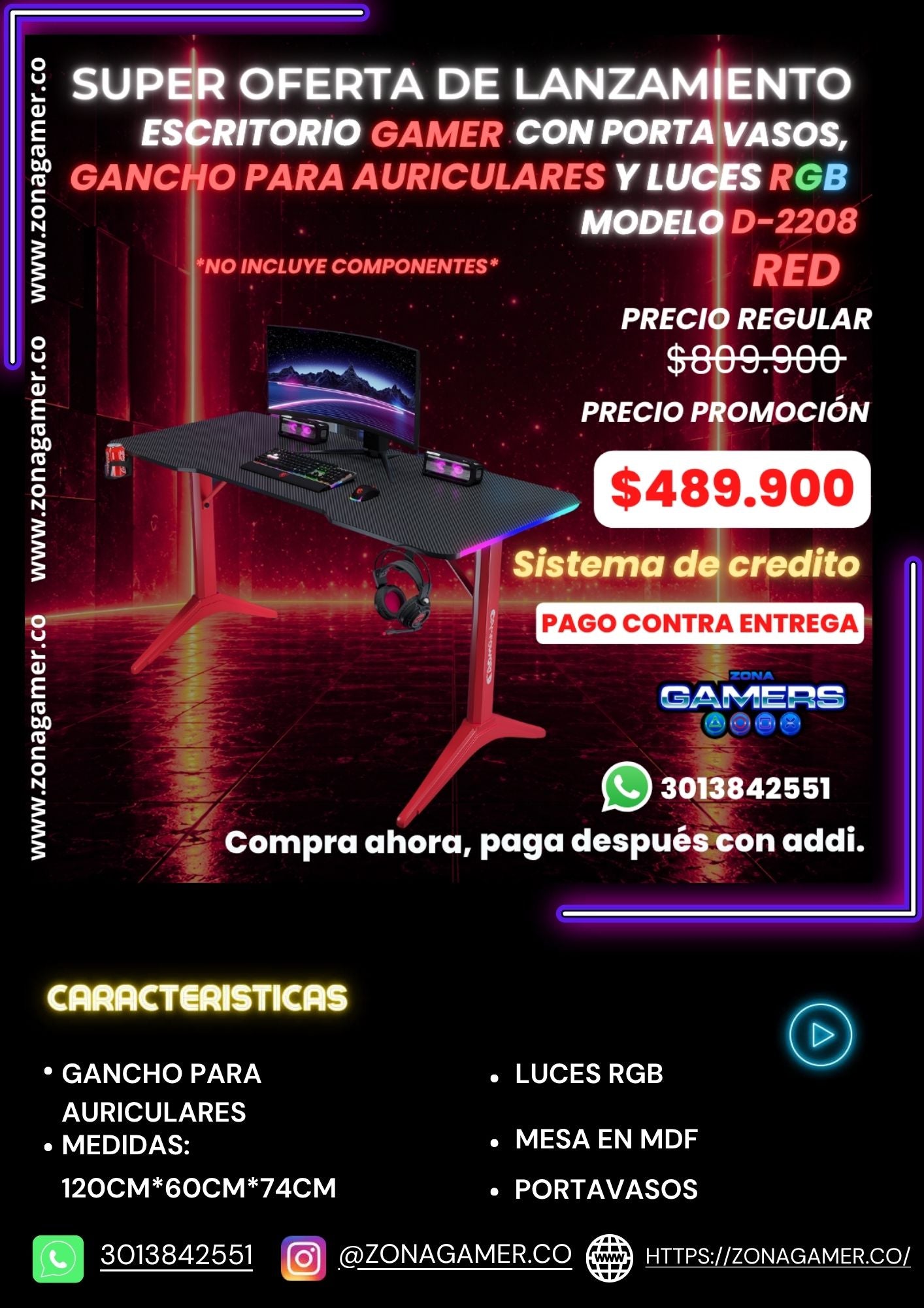 Escritorio Gamer D-2208 Red con luces RGB, portavasos y ganchos para auriculares