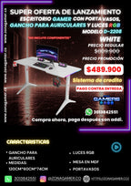 Escritorio Gamer D-2208 White con luces RGB, portavasos y ganchos para auriculares