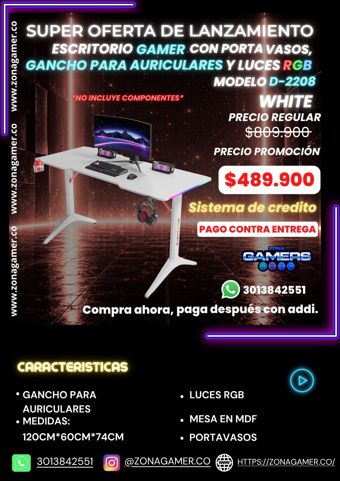 Escritorio Gamer D-2208 White con luces RGB, portavasos y ganchos para auriculares