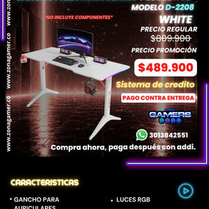 Escritorio Gamer D-2208 White con luces RGB, portavasos y ganchos para auriculares