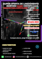 Escritorio Gamer D-2501 Black con luces RGB, portavasos y ganchos para auriculares