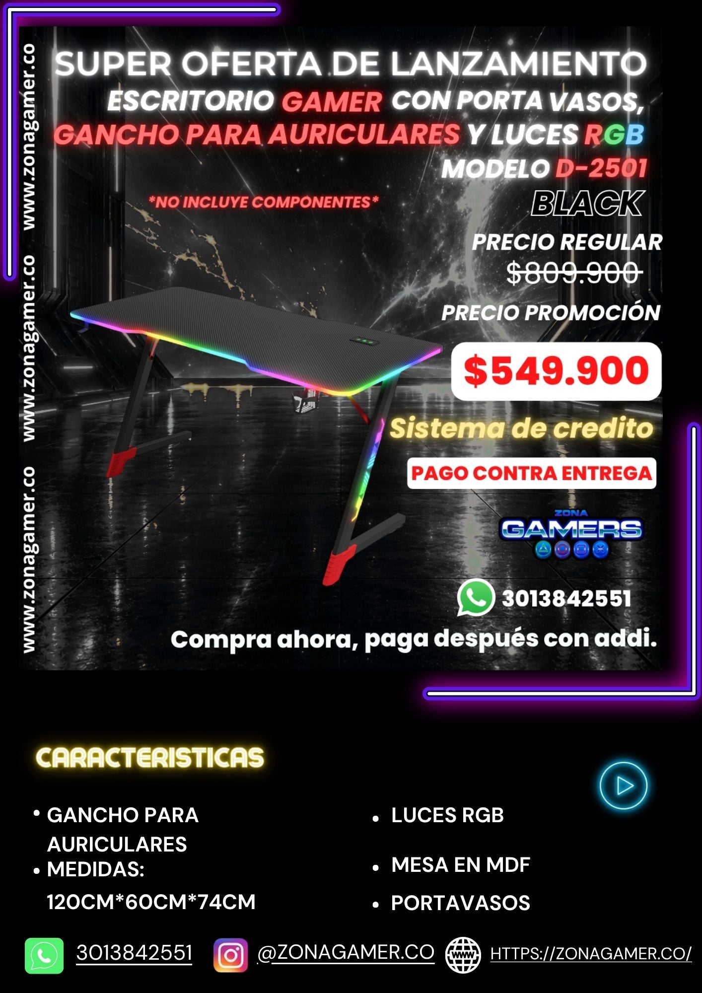 Escritorio Gamer D-2501 Black con luces RGB, portavasos y ganchos para auriculares