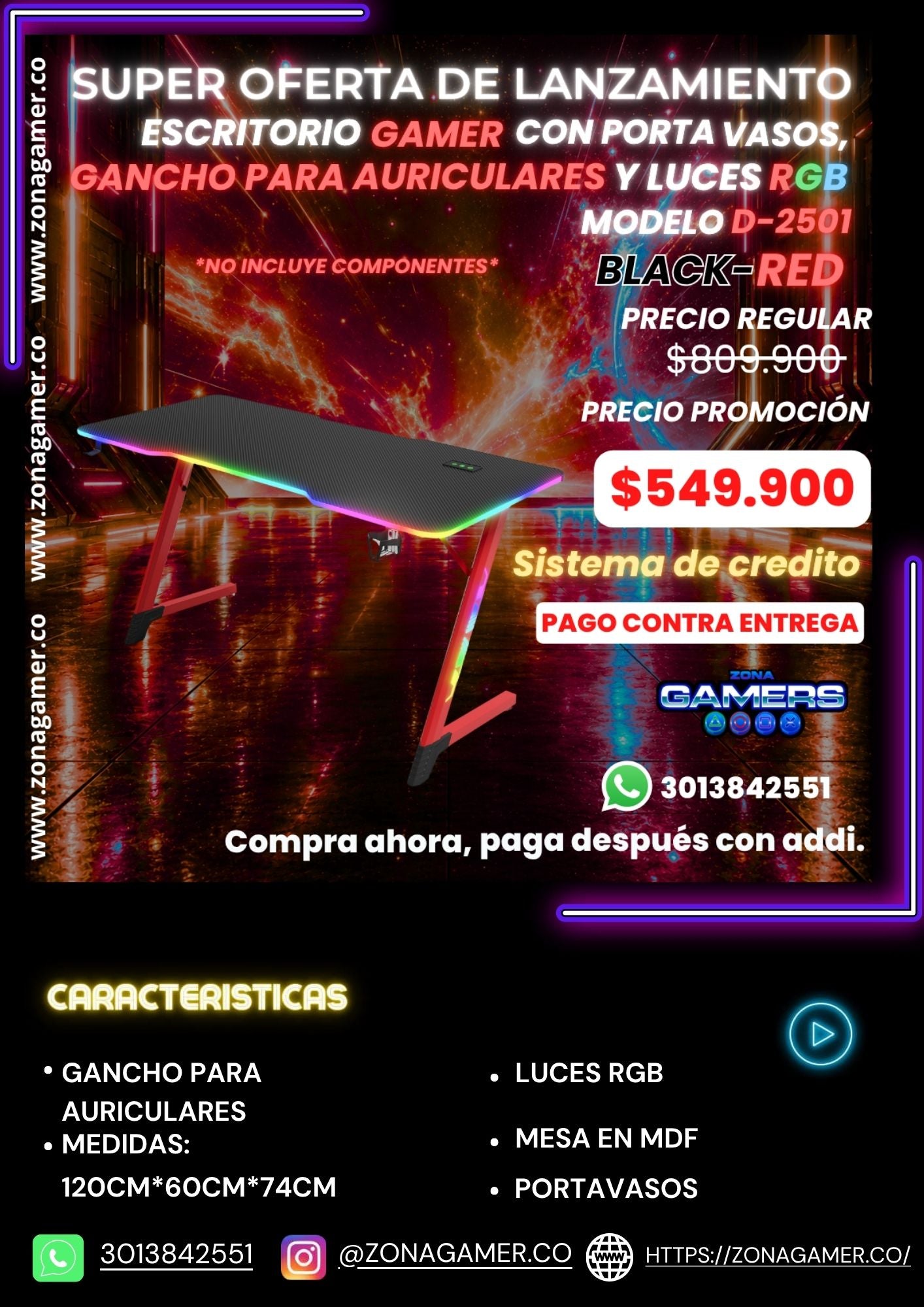 Escritorio Gamer D-2501 Black-Red con luces RGB, portavasos y ganchos para auriculares
