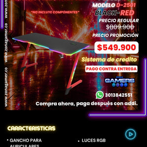 Escritorio Gamer D-2501 Black-Red con luces RGB, portavasos y ganchos para auriculares