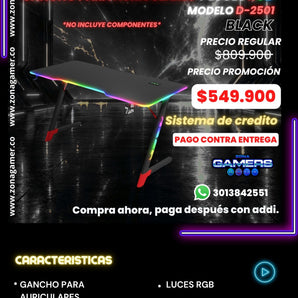 Escritorio Gamer D-2501 Black con luces RGB, portavasos y ganchos para auriculares