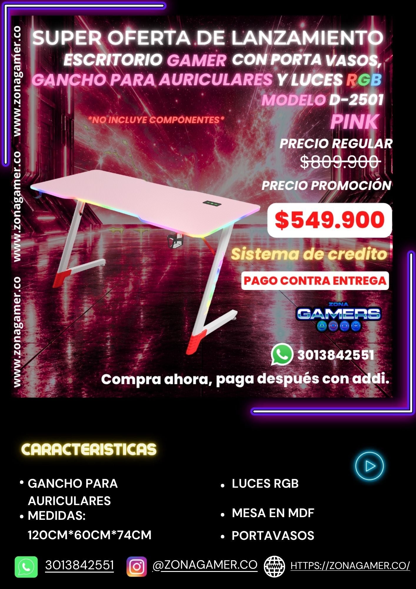 Escritorio Gamer D-2501 Pink con luces RGB, portavasos y ganchos para auriculares