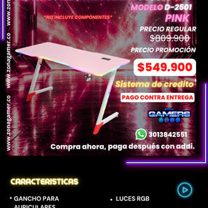 Escritorio Gamer D-2501 Pink con luces RGB, portavasos y ganchos para auriculares