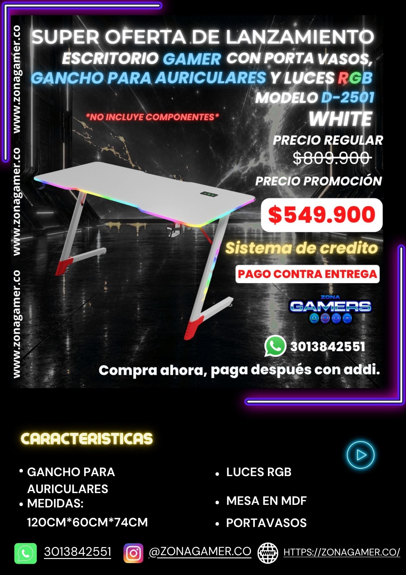 Escritorio Gamer D-2501 White con luces RGB, portavasos y ganchos para auriculares