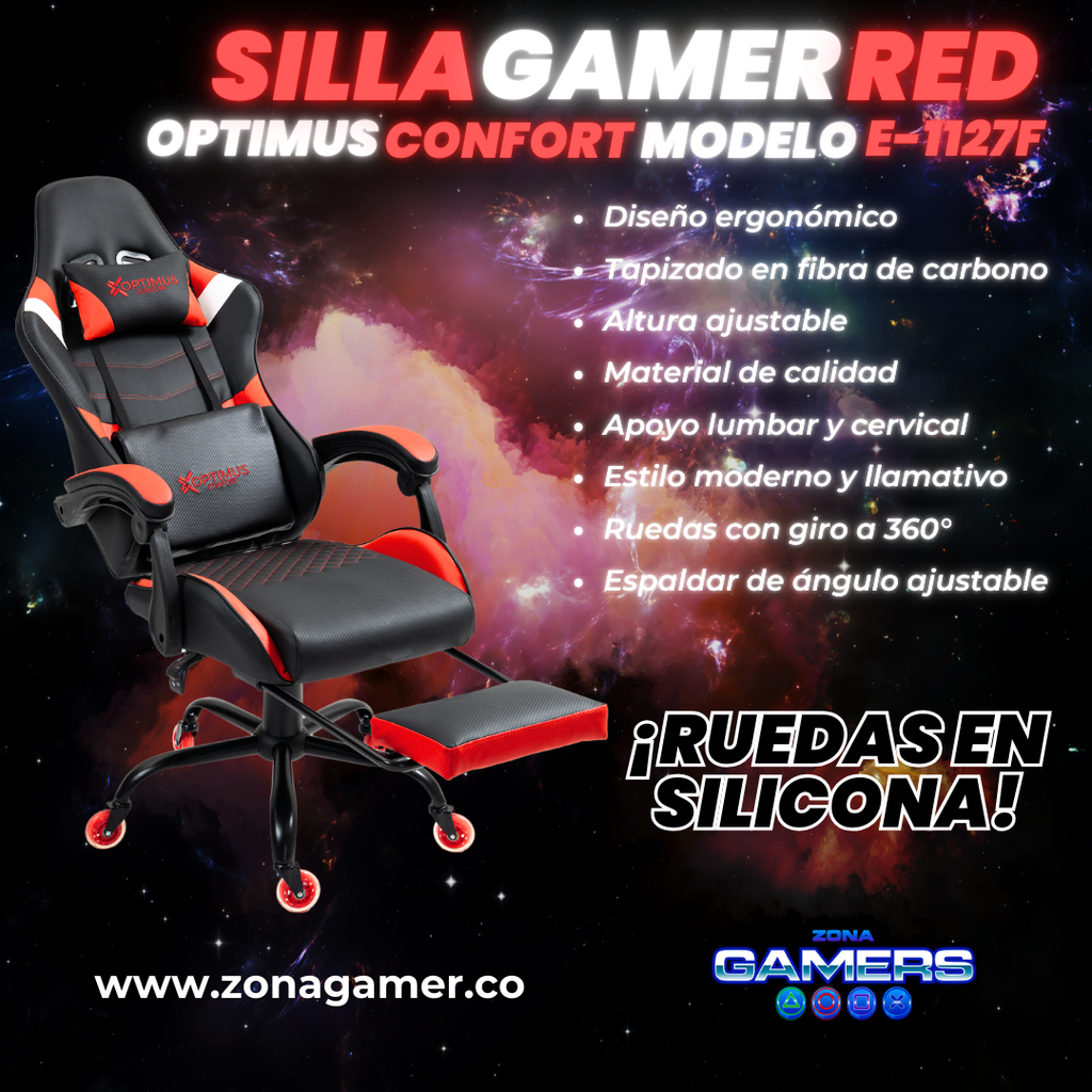 Silla Gamer E-1127F Red con reposapiés y ruedas en silicona