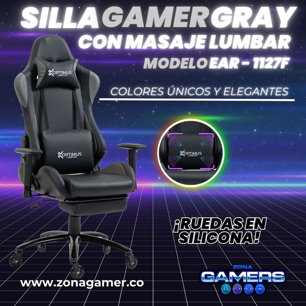 Silla Gamer EAR-1127F + masajeador lumbar con reposapiés incluido y ruedas en silicona