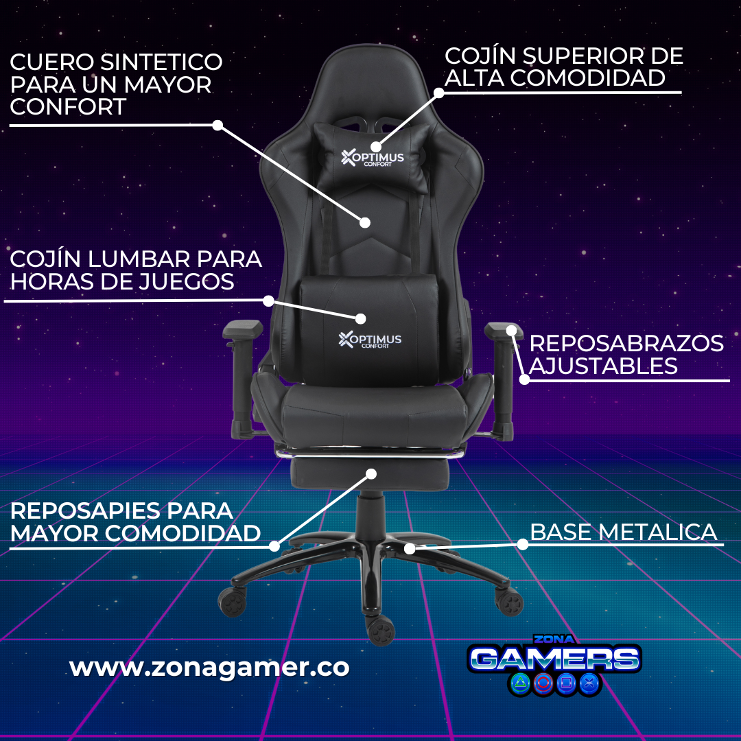 Silla gamer GT-1001F Black + reposapiés