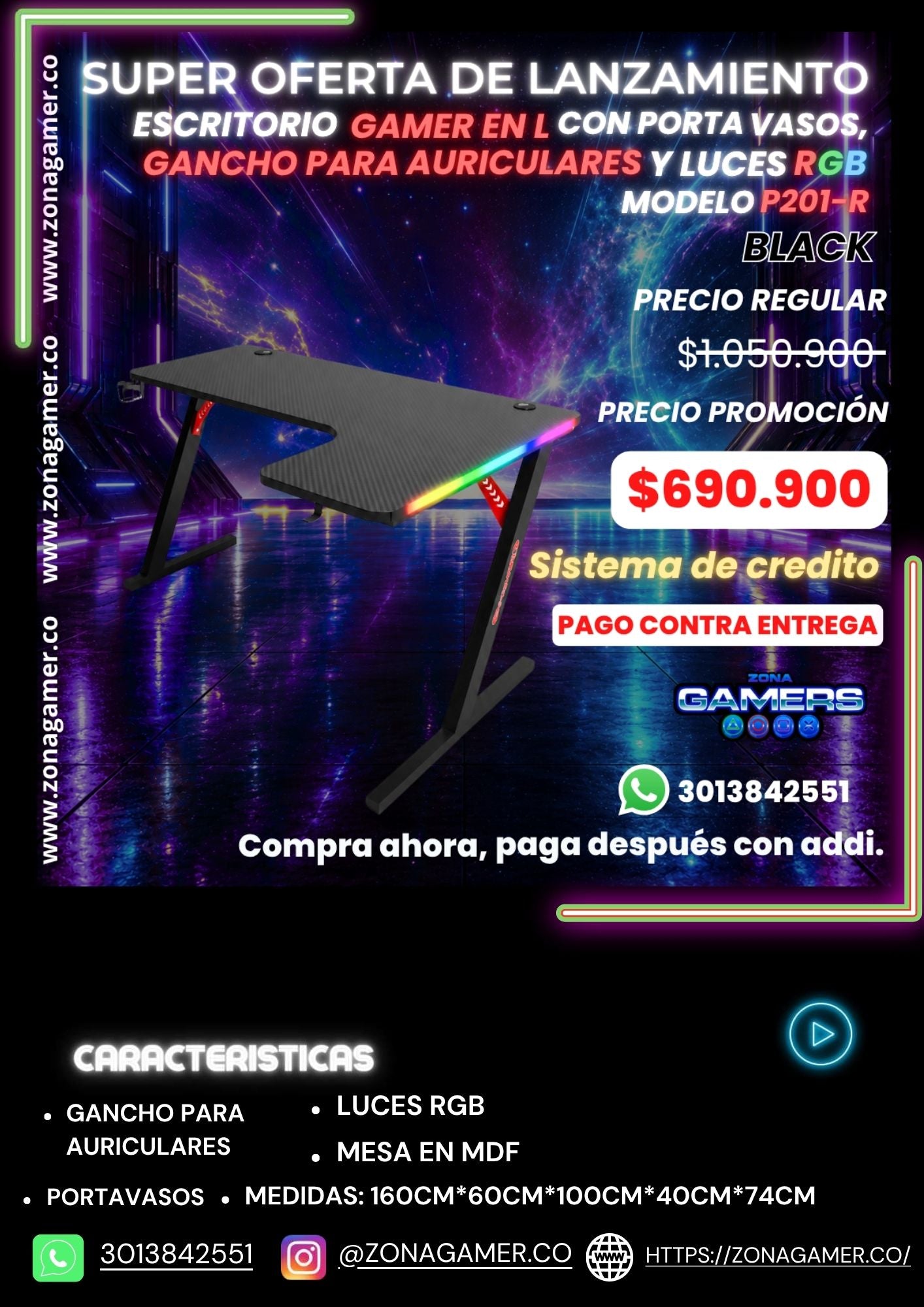 Escritorio Gamer P-201-R Black con luces RGB, portavasos y ganchos para auriculares.