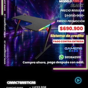 Escritorio Gamer P-201-R Black con luces RGB, portavasos y ganchos para auriculares.